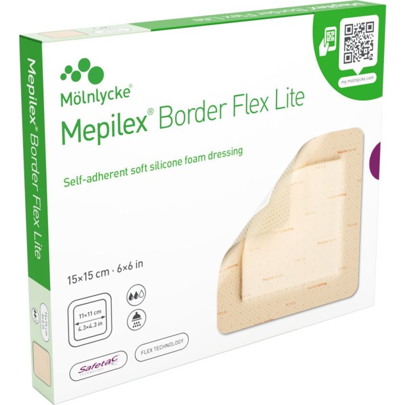 Skumbandage, Mepilex Border Flex Lite, 15x15cm, m/silikonekontaktlag og silikonekl�b, latexfri, steril, engangs *Denne vare tages ikke retur*