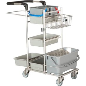 Reng�ringsvogn, Tina Trolleys ERGO, 1100x590x1090mm, s�lv, pulverlakeret st�l, til drypsystem, med tilbeh�r, rustfri *Denne vare tages ikke retur*