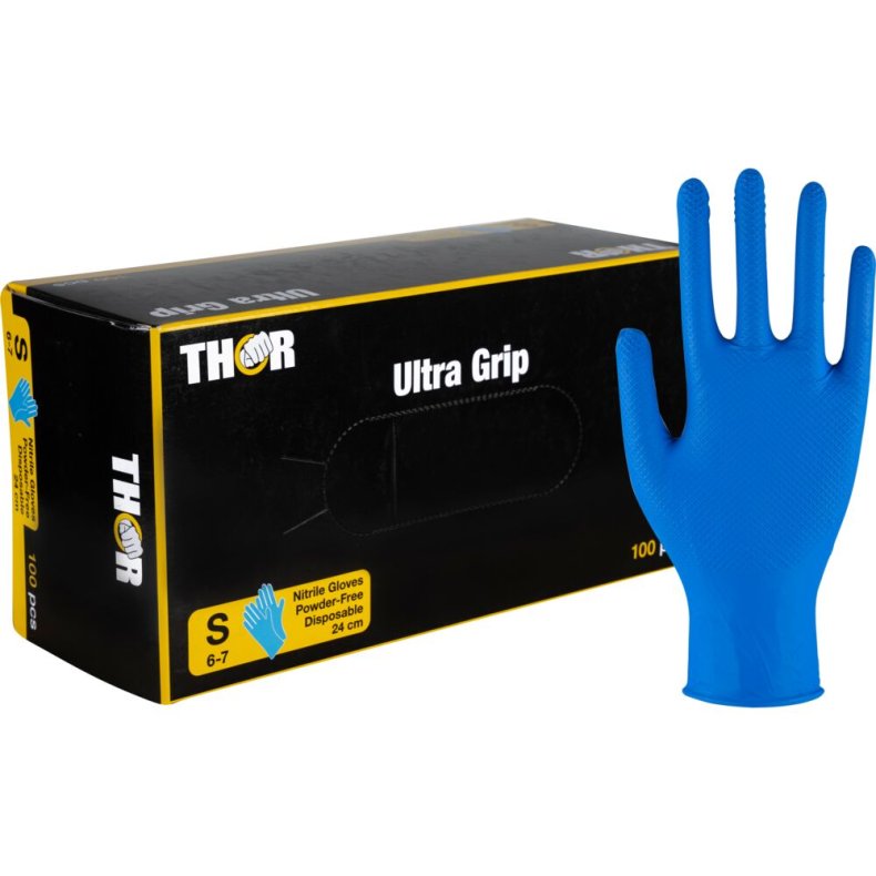 Engangshandske, THOR Ultra Grip, S, m�rkebl�, nitril, fish scale textureret, pudderfri