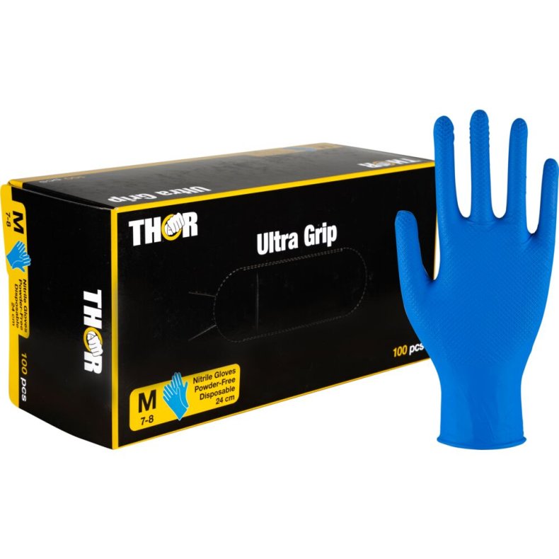 Engangshandske, THOR Ultra Grip, M, m�rkebl�, nitril, fish scale textureret, pudderfri