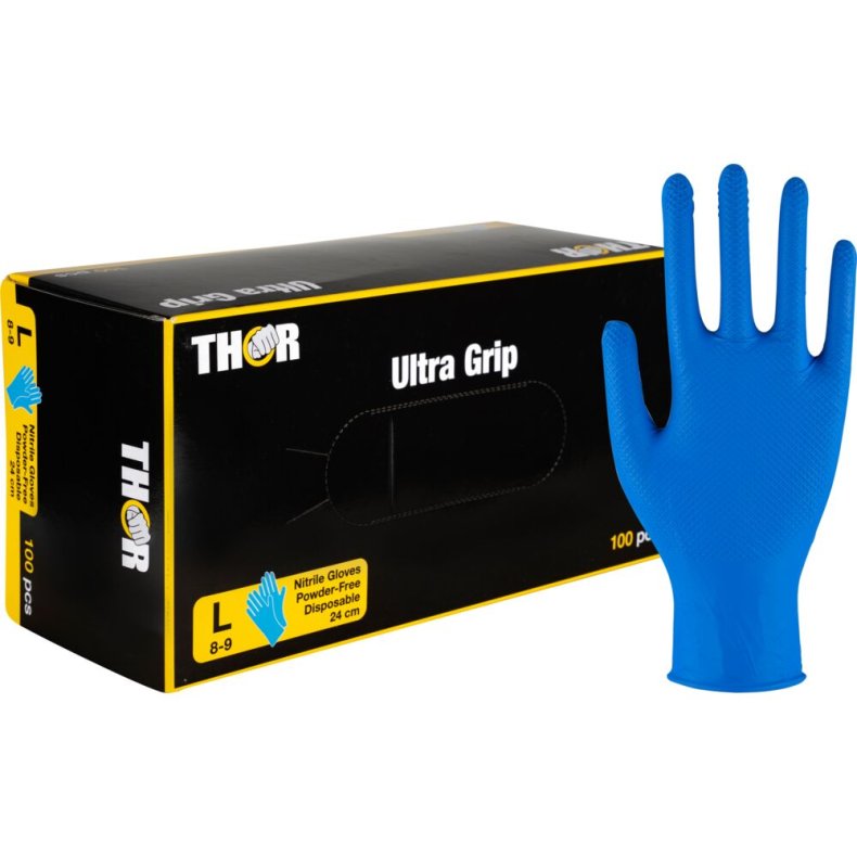 Engangshandske, THOR Ultra Grip, L, m�rkebl�, nitril, fish scale textureret, pudderfri