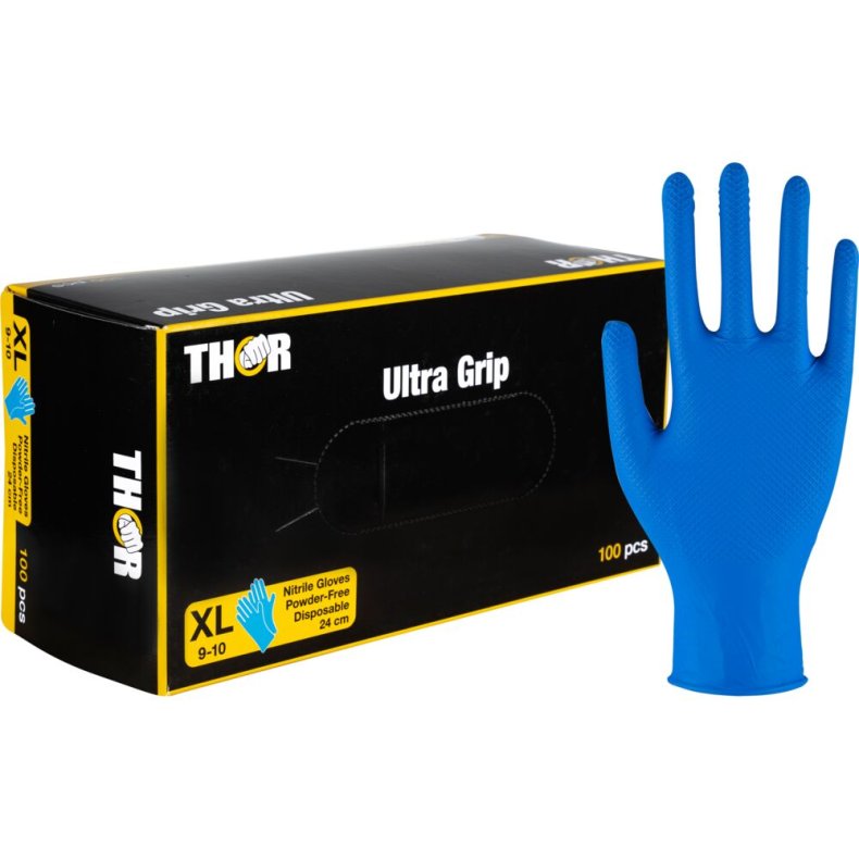 Engangshandske, THOR Ultra Grip, XL, m�rkebl�, nitril, fish scale textureret, pudderfri