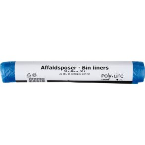 Affaldspose, 30 l, bl�, MDPE/virgin, 50x60cm, med h�ndtag, t-shirt