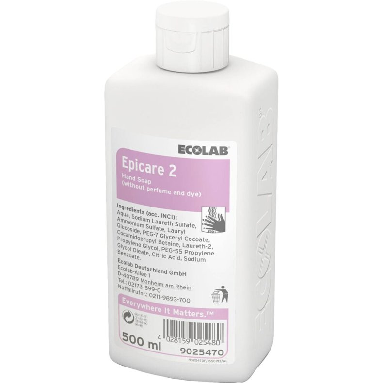 H�nds�be, Ecolab Epicare 2, 500 ml, flydende, uden farve og parfume