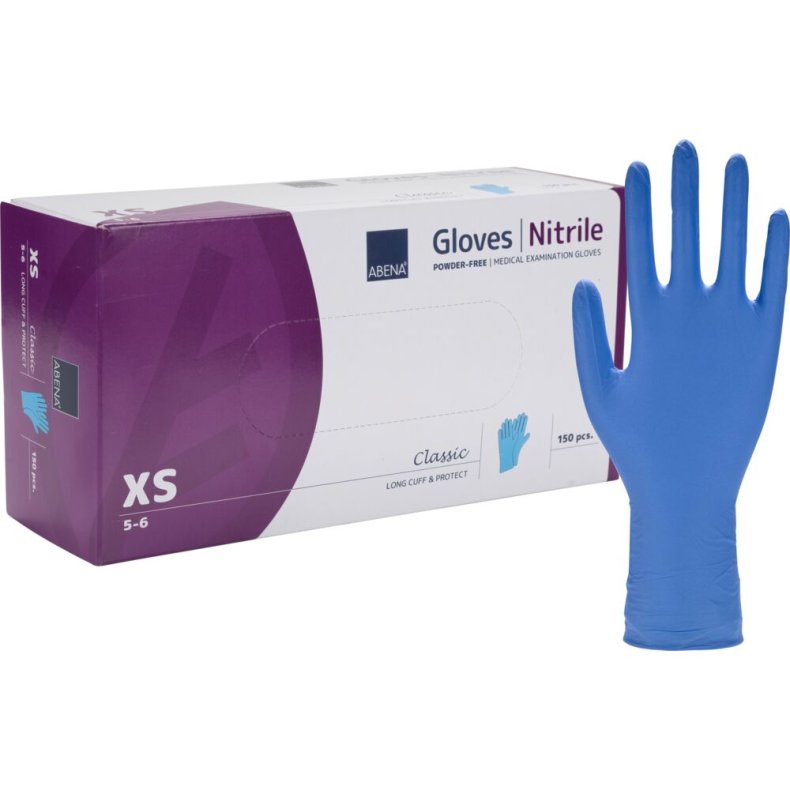 Lang unders�gelseshandske, ABENA Classic Protect, XS, bl�, nitril, pudderfri
