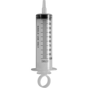 Spr�jte, SOL-M, 100 ml, transparent, med lige kateterspids, centreret, 3 komponent, engangs