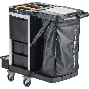 Reng�ringsvogn, Nordic Recycle Trolley 2.0, lille, 820x620x1070mm, sort, genanvendt HDPE/aluminium, til fugtsystem, med tilbeh�r og affaldss�k