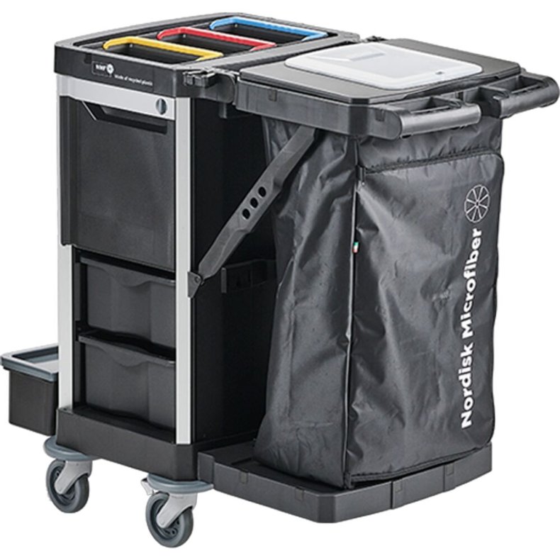Reng�ringsvogn, Nordic Recycle Trolley 2.0, lille, 820x620x1070mm, sort, genanvendt HDPE/aluminium, til fugtsystem, med tilbeh�r og affaldss�k