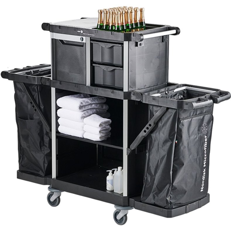 Hotelvogn, Nordic Recycle Trolley 2.0, 1700x560x1070mm, sort, genanvendt plast/aluminium, til tekstiler, med tilbeh�r