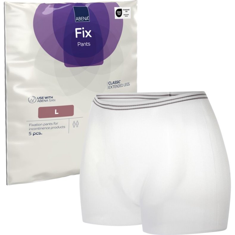 Fikseringstrusse, ABENA Fix Pants Classic, L, hvid, med ben, brun farvekode