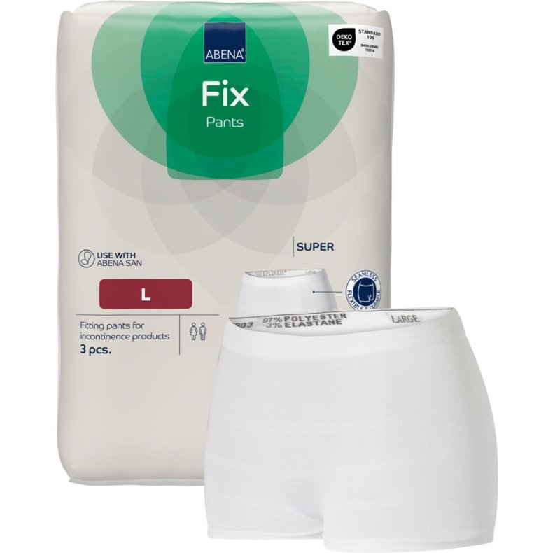 Fikseringstrusse, ABENA Fix Pants Super, L, hvid, med ben, brun farvekode