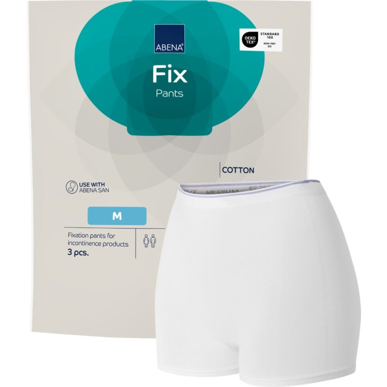 Fikseringstrusse, ABENA Fix Pants Cotton, M, hvid, med ben, bl� farvekode