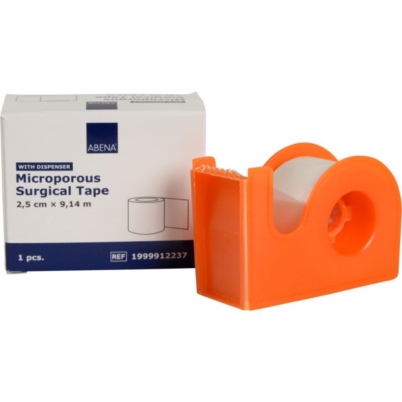 Microporous tape, ABENA, 9,14m x 2,5cm, hvid, m/dispenser, pakket enkeltvis, latexfri, usteril