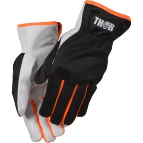 Gedeskindshandske, THOR, 12, sort, gedeskind/polyester, med orange kant