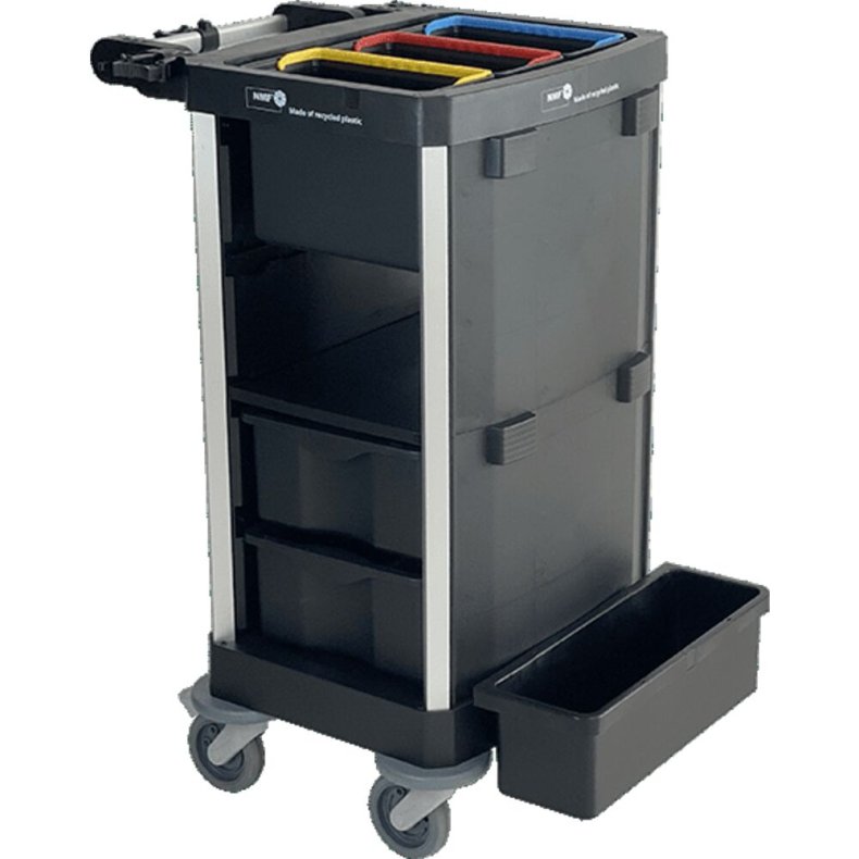 Reng�ringsvogn, Nordic Recycle Trolley 2.0, lille ekskl. d�re, 640x620x1070mm, sort, genanvendt HDPE/aluminium, til fugtsystem, med tilbeh�r