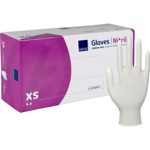 Unders�gelseshandske, ABENA Classic, XS, hvid, nitril, pudderfri