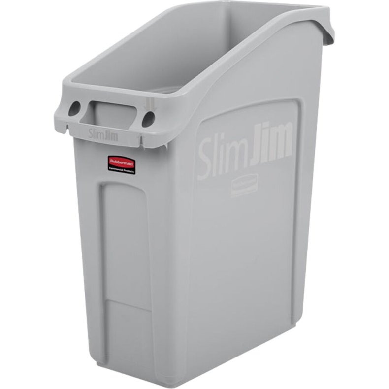 Affaldsspand, Rubbermaid Slim Jim, gr�, plast, 49 l, affalds�bning der passer til under et bord *Denne vare tages ikke retur*