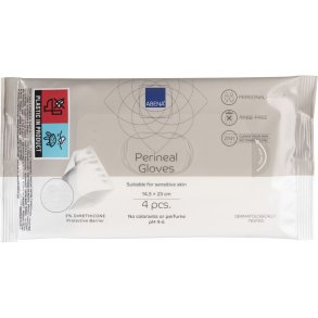 Perinealhandske, ABENA, halv-fold, 23x14,5cm, hvid, uden farve og parfume, med 3% Dimethicone, 4 stk., engangs