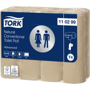 Toiletpapir, Tork T4 Advanced, Natur, 2-lags, 34,7m x 9,9cm, �10,4cm, lysebrun, genanvendt papir
