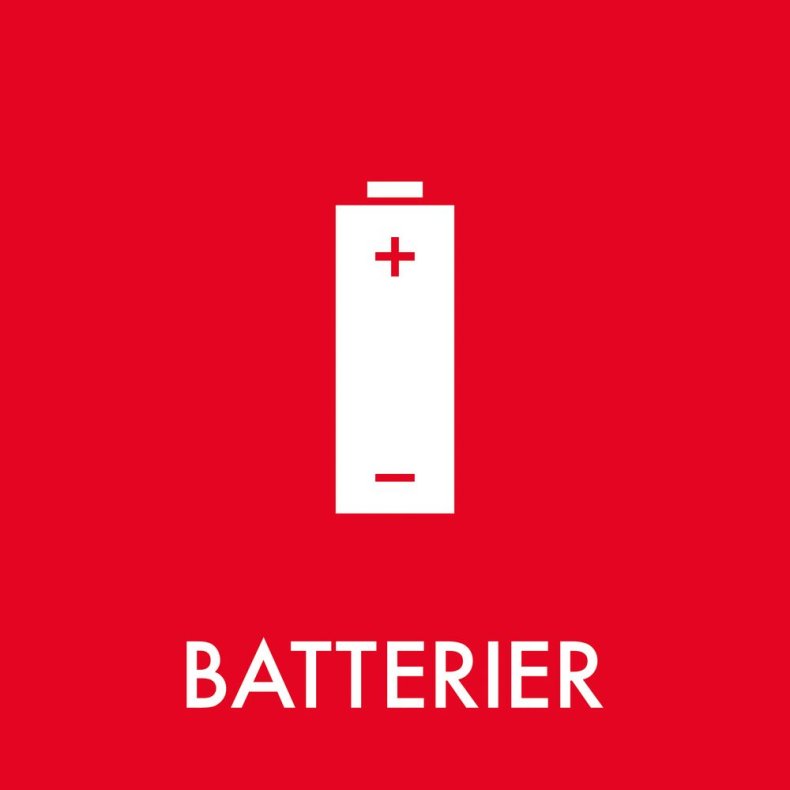 Piktogram, 6x6cm, r�d, folie, til batterier, selvkl�bende