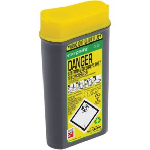 Kanyleboks, Sharpsafe, 3x7,7x15cm, 200 ml, sort, gult l�g, lommemodel