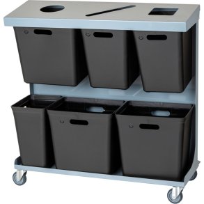 Affaldsvogn, Tina Trolleys, gr�, pulverlakeret st�l, 6-rums, 3x20 l, 2x15 l, 1x10 l, til kildesortering, med hjul og 6 spande i genbrugsplast