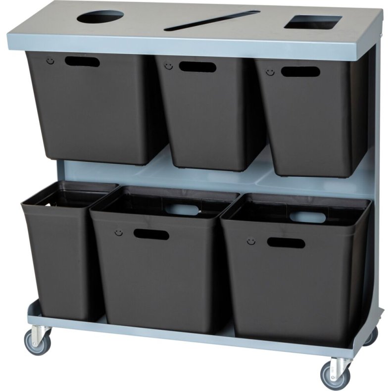 Affaldsvogn, Tina Trolleys, gr�, pulverlakeret st�l, 6-rums, 3x20 l, 2x15 l, 1x10 l, til kildesortering, med hjul og 6 spande i genbrugsplast