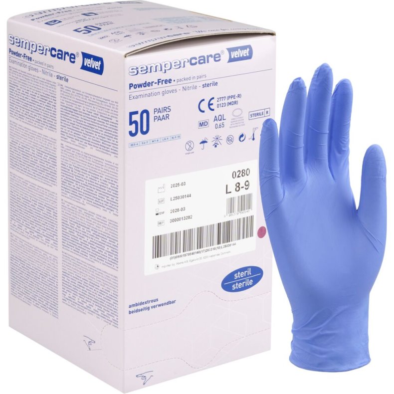 Steril unders�gelseshandske, Sempercare Velvet, L, lavendelbl�, nitril, pudderfri *Denne vare tages ikke retur*