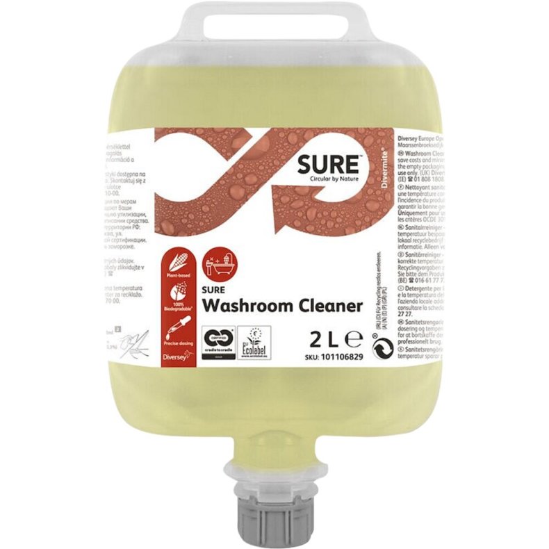 Sanitetsreng�ring, Diversey SURE Washroom Cleaner, 2 l, DvM/DQFM, alkalisk/affedtende, uden farve og parfume