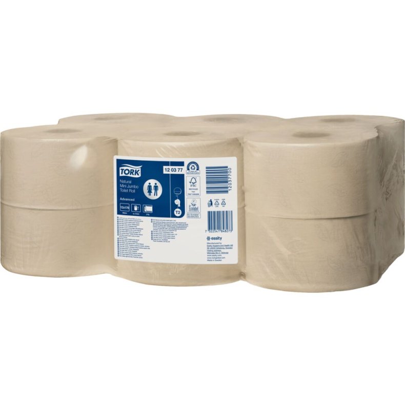 Jumborulle, Tork T2 Advanced, 2-lags, Mini, 170m x 9,4cm, �18,8cm, ubleget, genanvendt papir