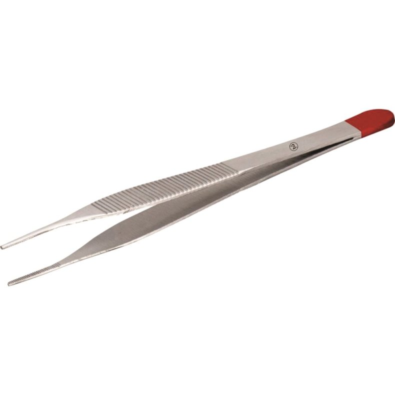 Pincet, 12,5cm, rustfrit st�l, r�d farvekodning, steril, engangs *Denne vare tages ikke retur*