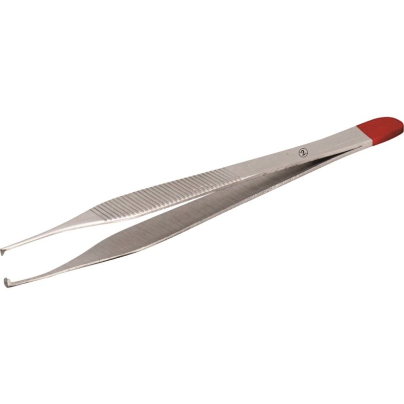 Kirurgisk pincet, 12,5cm, rustfrit st�l, r�d farvekodning, steril, engangs *Denne vare tages ikke retur*