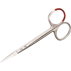 Saks, iris, 11,5cm, rustfrit st�l,  lige, spids/spids, r�d farvekodning, steril, engangs *Denne vare tages ikke retur*