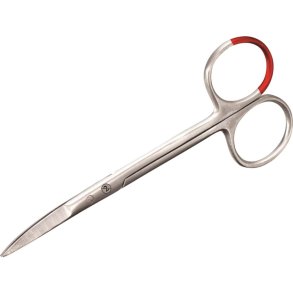 Saks, iris, 11,5cm, rustfrit st�l, buet, spids, r�d farvekodning, steril, engangs *Denne vare tages ikke retur*