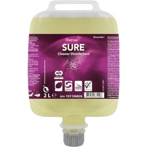 Desinfektions- og reng�ringsmiddel, Diversey SURE Cleaner Disinfectant, 2 l, DvM/DQFM, uden farve og pafume *Denne vare tages ikke retur*