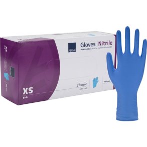 Lang unders�gelseshandske, ABENA Classic, XS, bl�, nitril, pudderfri