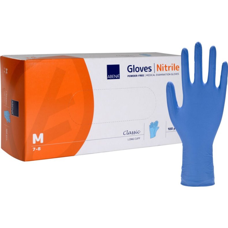 Lang unders�gelseshandske, ABENA Classic, M, bl�, nitril, pudderfri