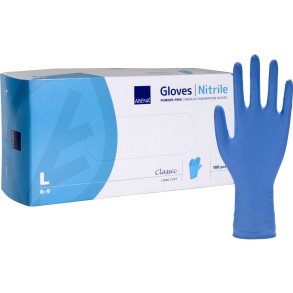 Lang unders�gelseshandske, ABENA Classic, L, bl�, nitril, pudderfri