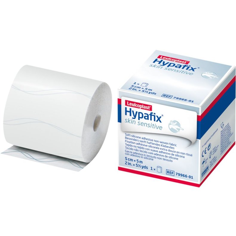 Fikseringstape, Hypafix Skin Sensitive, 5m x 5cm, hvid, med silikonekl�ber, latexfri, usteril *Denne vare tages ikke retur*