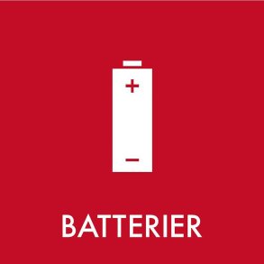 Piktogram, 18x18cm, r�d, folie, til batterier, selvkl�bende