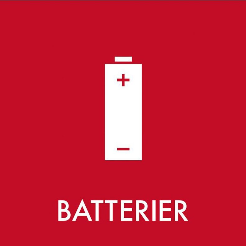 Piktogram, 18x18cm, r�d, folie, til batterier, selvkl�bende