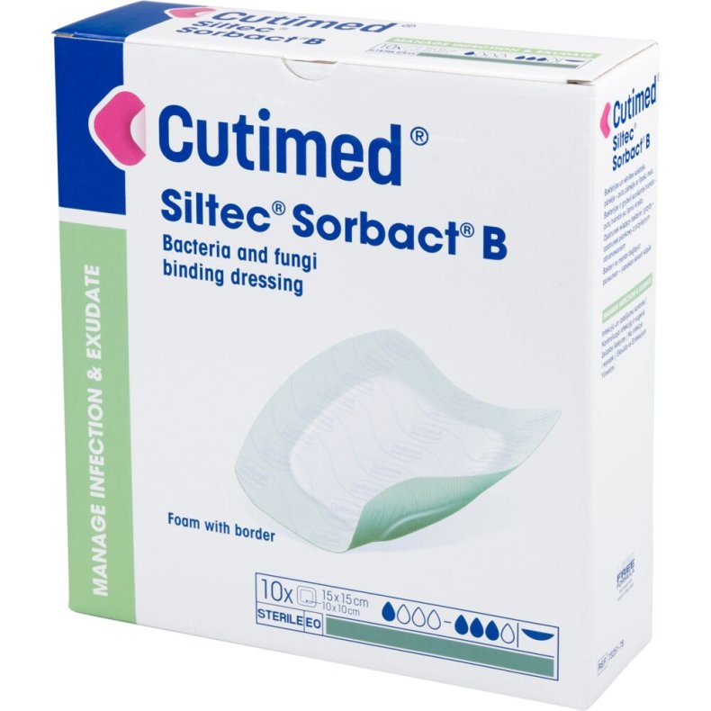 Hydrofob bandage, Cutimed Siltec Sorbact B, 15x15cm, gr�n, m/silikonekl�b, latexfri, steril, engangs *Denne vare tages ikke retur*