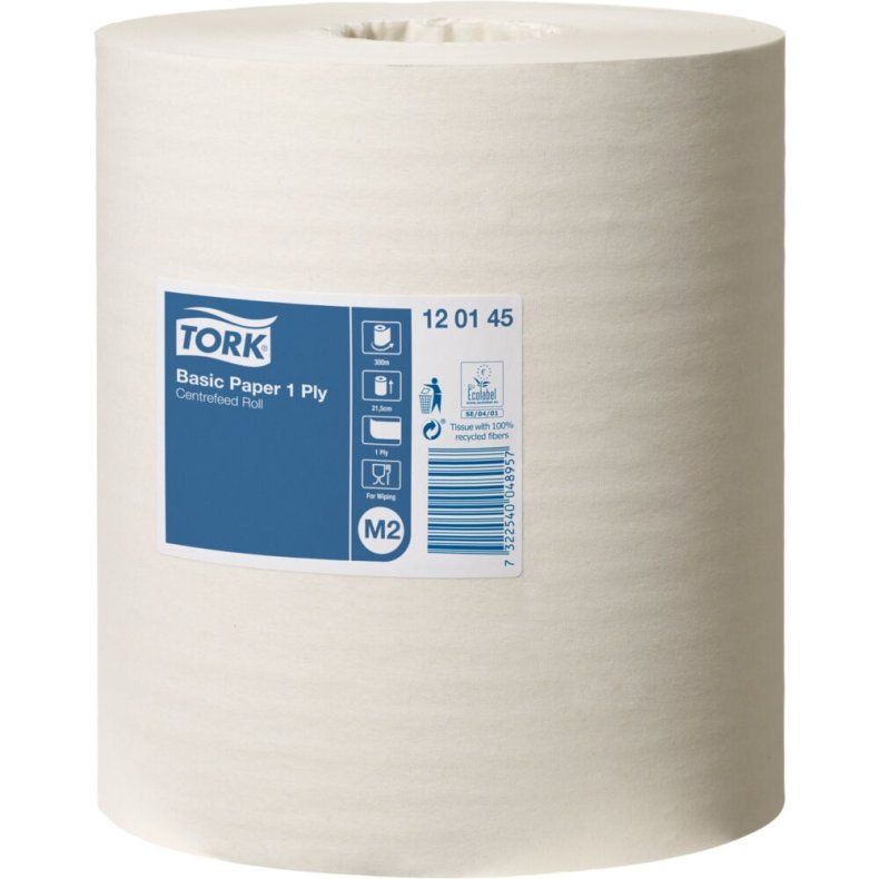 H�ndkl�derulle, Tork M2 Basic, 1-lags, Midi, 300m x 21,5cm, �19cm, hvid, blandingsfibre, uden hylse