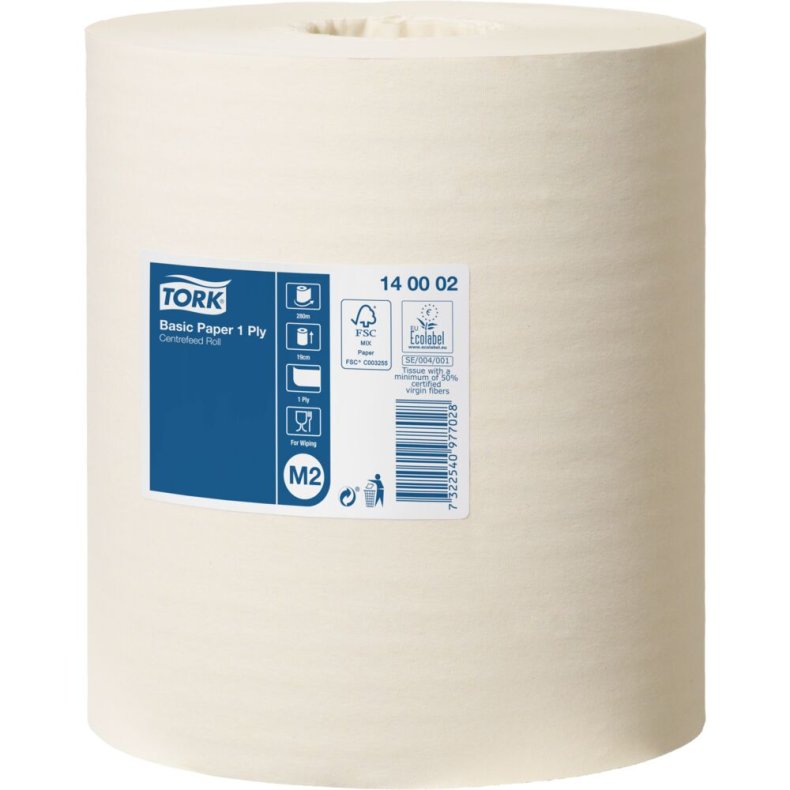 H�ndkl�derulle, Tork M2 Universal, 1-lags, Midi, 280m x 19cm, �19cm, hvid, blandingsfibre, uden hylse