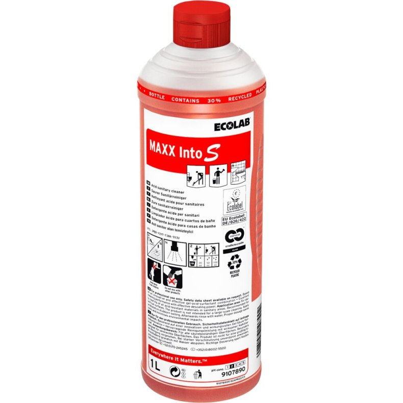 Sanitetsreng�ring, Ecolab MAXX Into S, 1 l, sur/kalkh�mmende, med farve og parfume