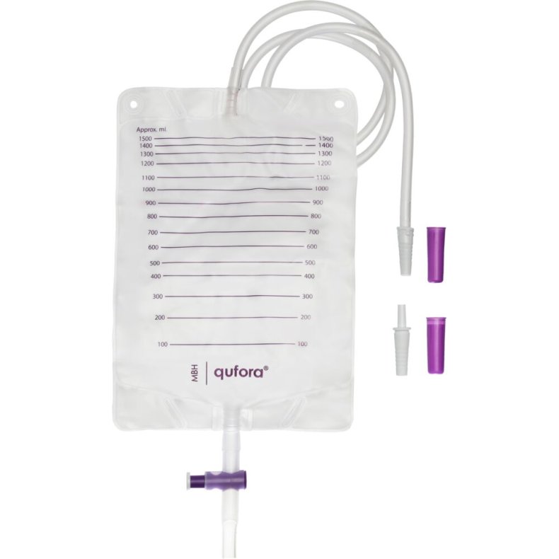 Urinpose, benpose, Qufora, 90cm, 1500 ml, etkammer, CV/NRV, NW bagside, justerbar slange, nattilkobling