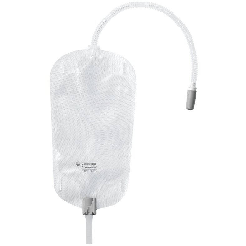 Urinpose, benpose, Conveen Security+, 30cm, 350 ml, etkammer, VV, NW bagside, just�rbar slange
