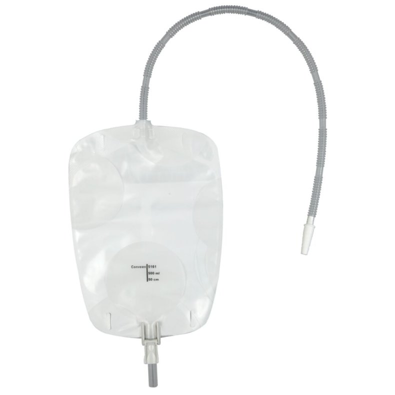 Urinpose, benpose, Conveen Security+, 50cm, 500 ml, etkammer, VV, NW bagside, just�rbar slange