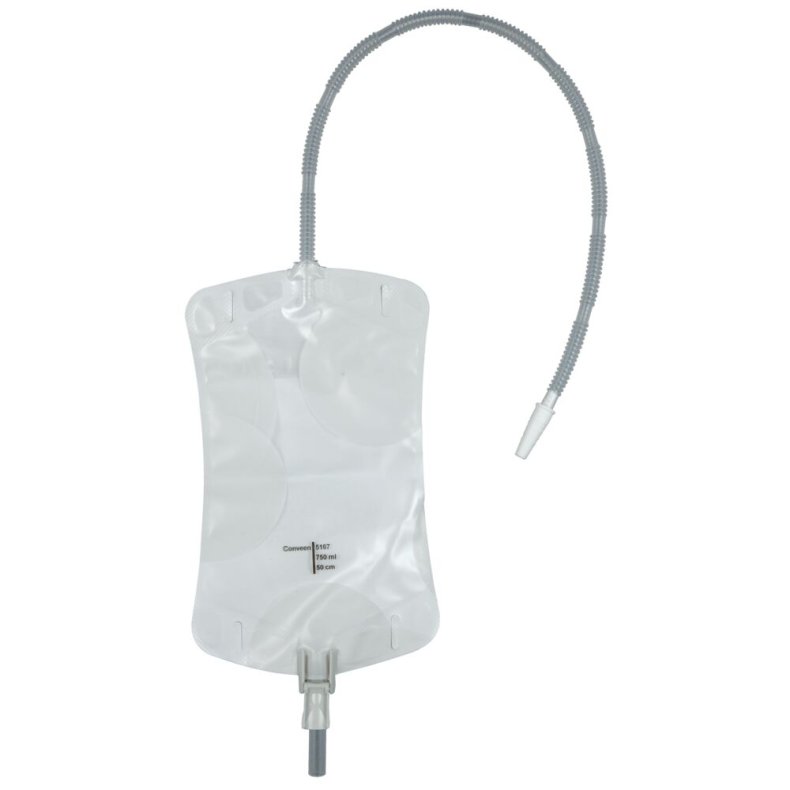 Urinpose, benpose, Conveen Security+, 50cm, 750 ml, etkammer, VV, NW bagside, just�rbar slange