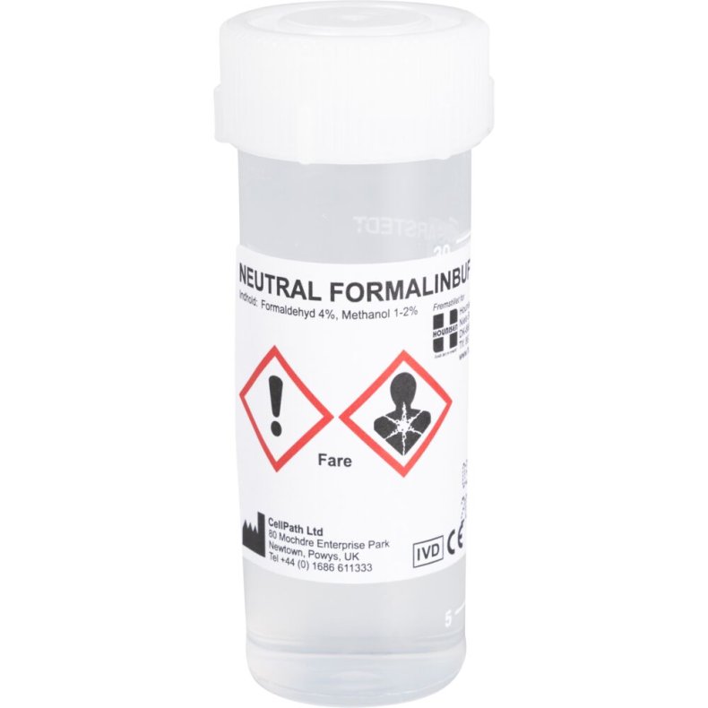 Formalin, 20 ml, i 40 ml b�ger med skruel�g, fareetiket og certifikat
